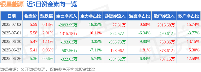 股票行情快报：银星能源（000862）7月2日主力资金净卖出209399万元(图1)